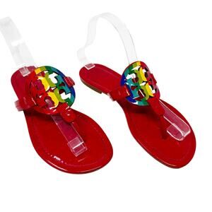 TORY BURCH Red Rainbow Patent Leather Miller Sandals Logo Medallion Size 7